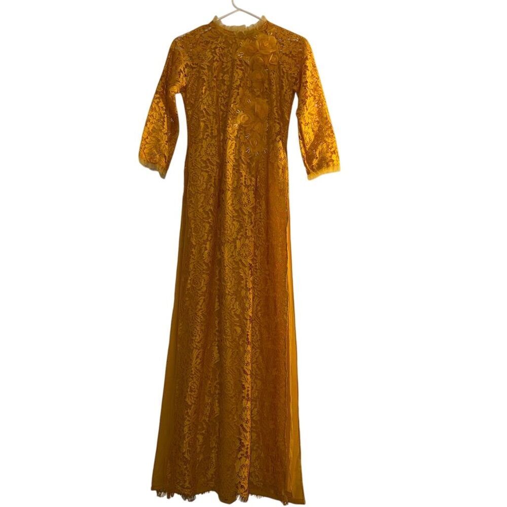 Mustard Yellow Lace Ao Dai Vietnamese Trad ‎ Dress Floral Applique L